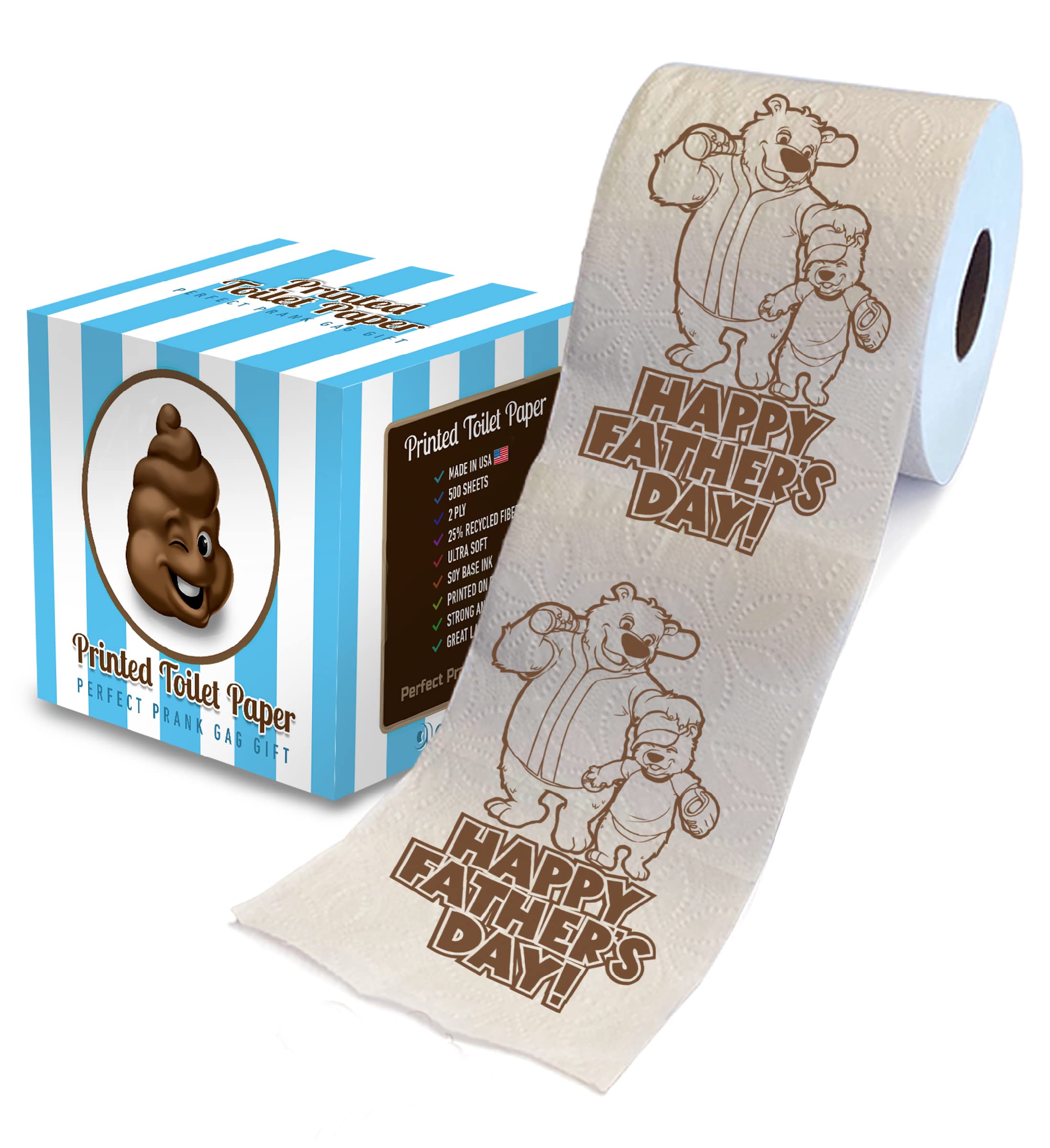 Printed TPHappy Fathers Day Super Hero Best Dad Ever Printed Toilet Paper Roll – Funny Novelty Gag Gift Prank, Cute Gifts for Dad, Husband, Boyfriend – Best Dad Gift - 500 Sheets, Brown Papa Bear, 1