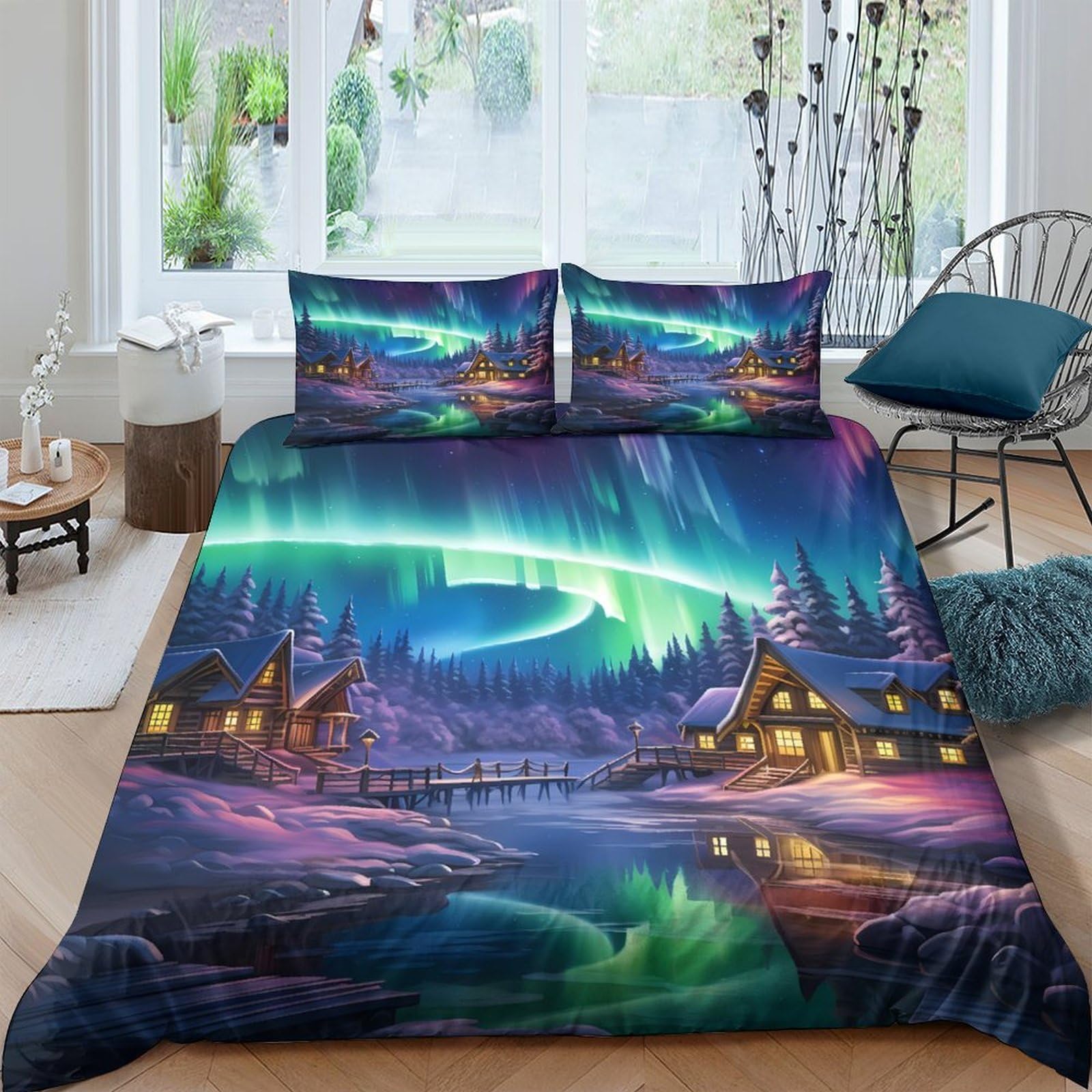 Ctjqhvkz Style-2 3D Printed Northern Lights Fitted Sheet Microfiber Soft Winter Village Bed Cover For Bedroom Guest Room Decor Single（135X200cm）