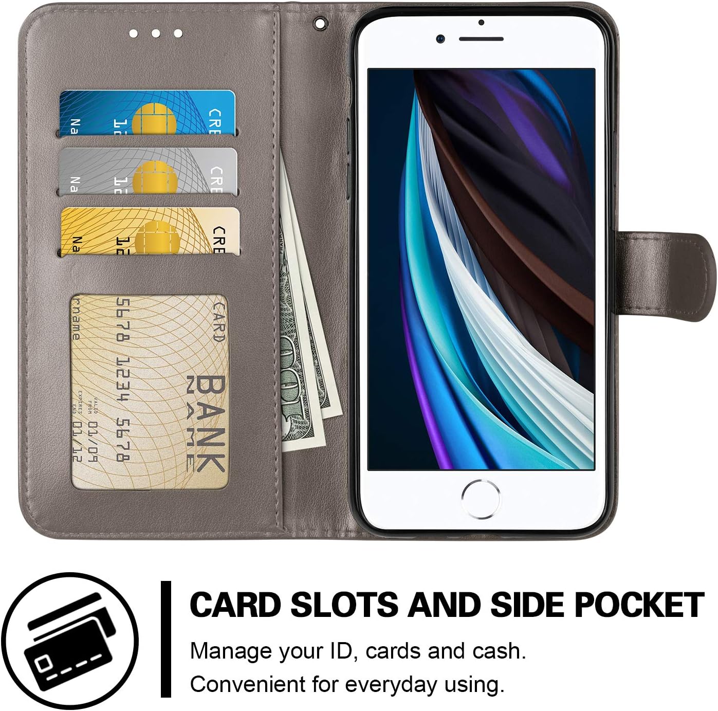 HianDier Wallet Case for iPhone SE 2022 (3rd Gen), SE 2020 (2nd Gen), iPhone 8 7 6 6s Card Holder Case Kickstand Flip Cover Embossed Mandala Flower Lanyard Protective Soft PU Leather Case, Gray