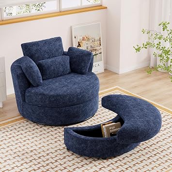 JEEOHEY Oversized Swivel Accent Chair with Half Moon Storage Ottoman, 42 W Chenille Round Swivel Barrel Chair, Modern Upholstered Comfy Single Sofa Armchair for Living Room, Bedroom, ClubNavy Blue