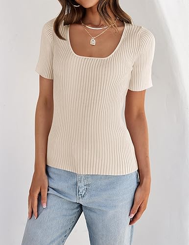 Miniatura 3 de ZESICA Camisetas de manga corta con cuello cuadrado para mujer, ajustadas, de verano, de punto acanalado, básicas, casuales