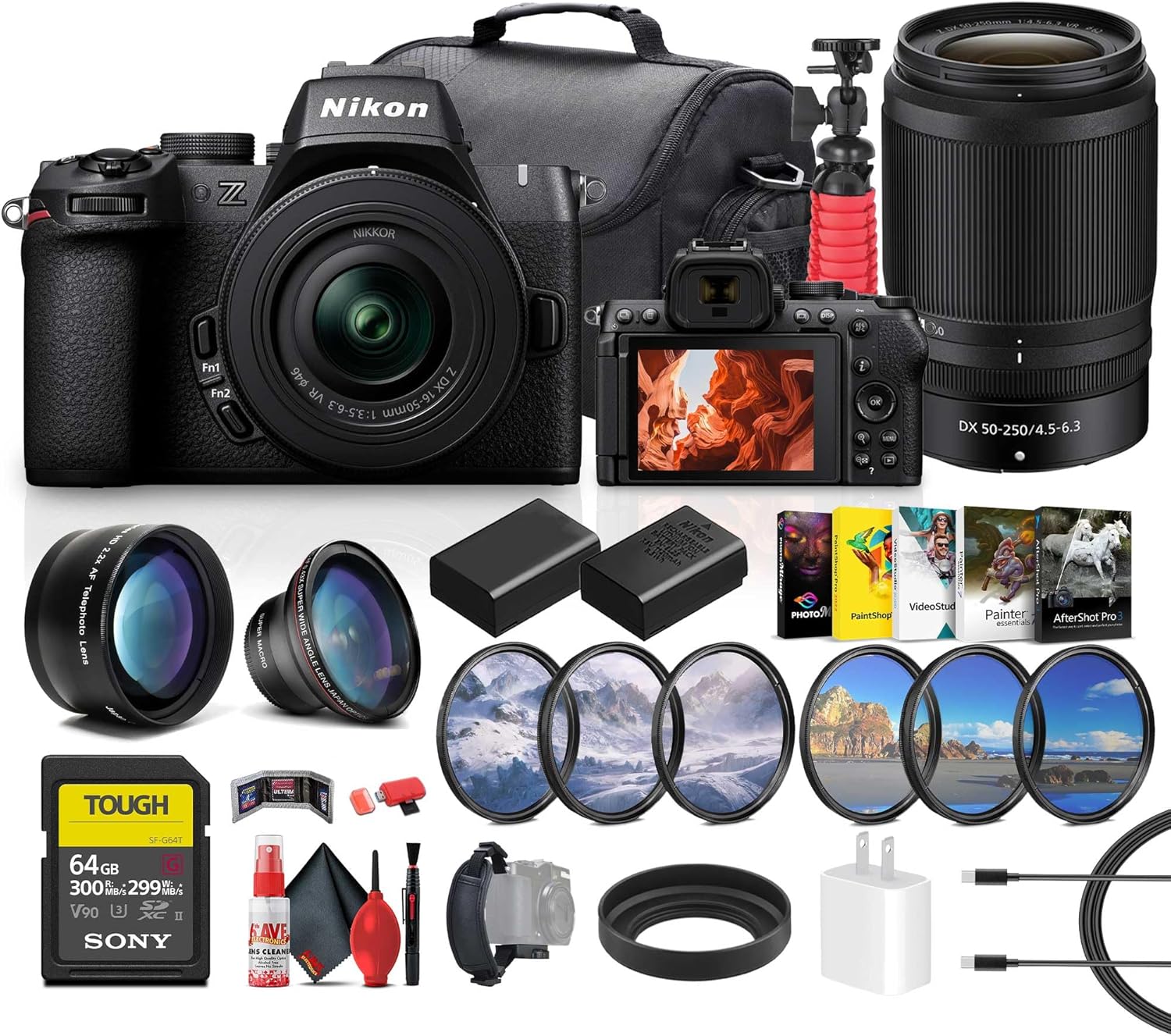 Nikon Z50 II Lightweight Mirrorless Camera with Nikon NIKKOR Z DX 16-50mm & 50-250mm Lenses (1788) + 64GB Memory Card + EN-EL25 + Photography Software + Telephoto Lens + Camera Bag + More