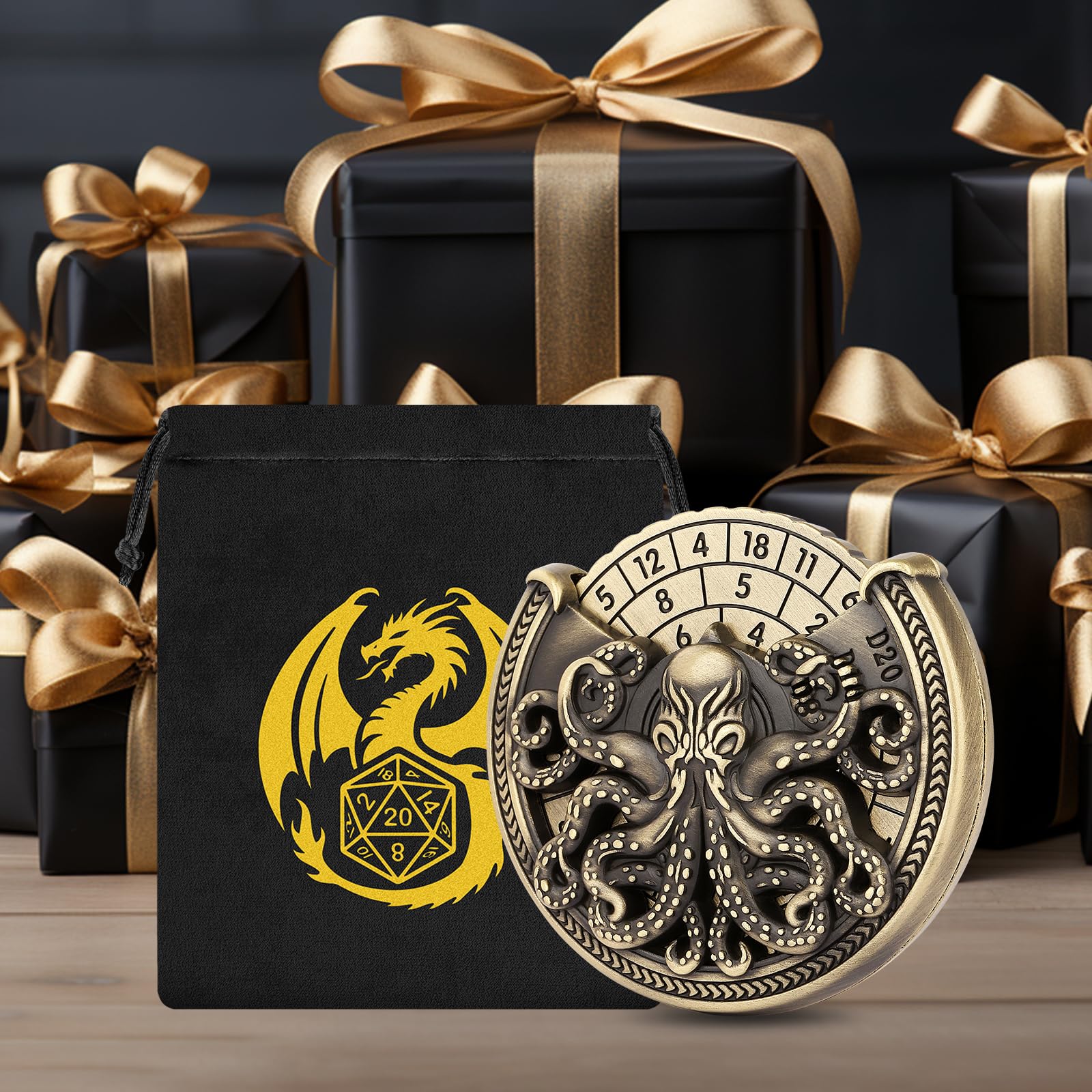 Spinner de Dés DND, Pieuvre 7-en-1 Métallique DND Dés, Gyroscope du Bout Des Doigts, Roulette Dés Spinner, Cadeaux D&D avec Sacs Cadeaux Logo Dragon, Jeu de Rôle, Accessoires de Jeu de Société, Bronze
