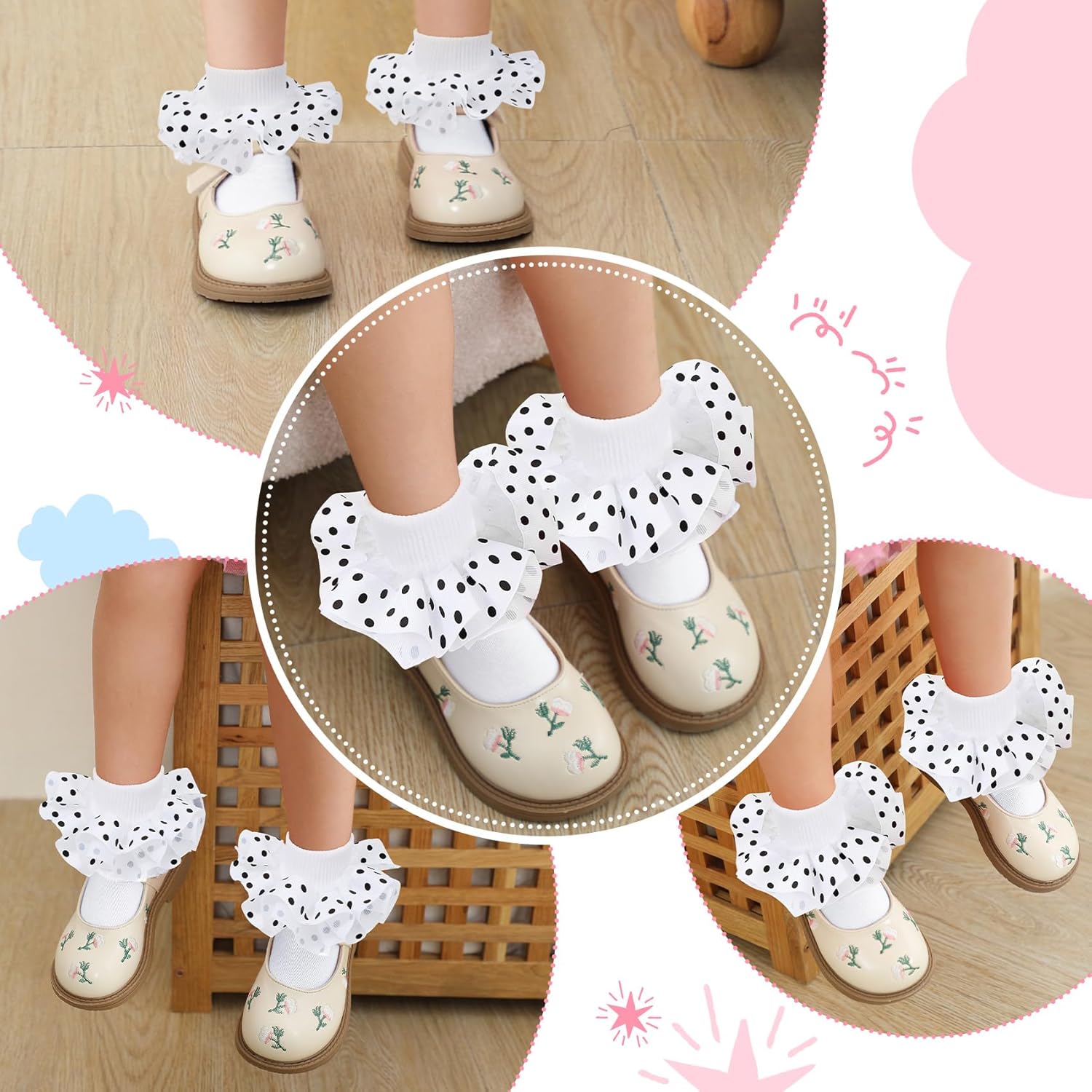 Durio Toddler Ruffle Socks for Girls - Cute Polka Dots Lace Socks for Baby to Kids, Girls Frilly Dress Ankle Sock - Image 2