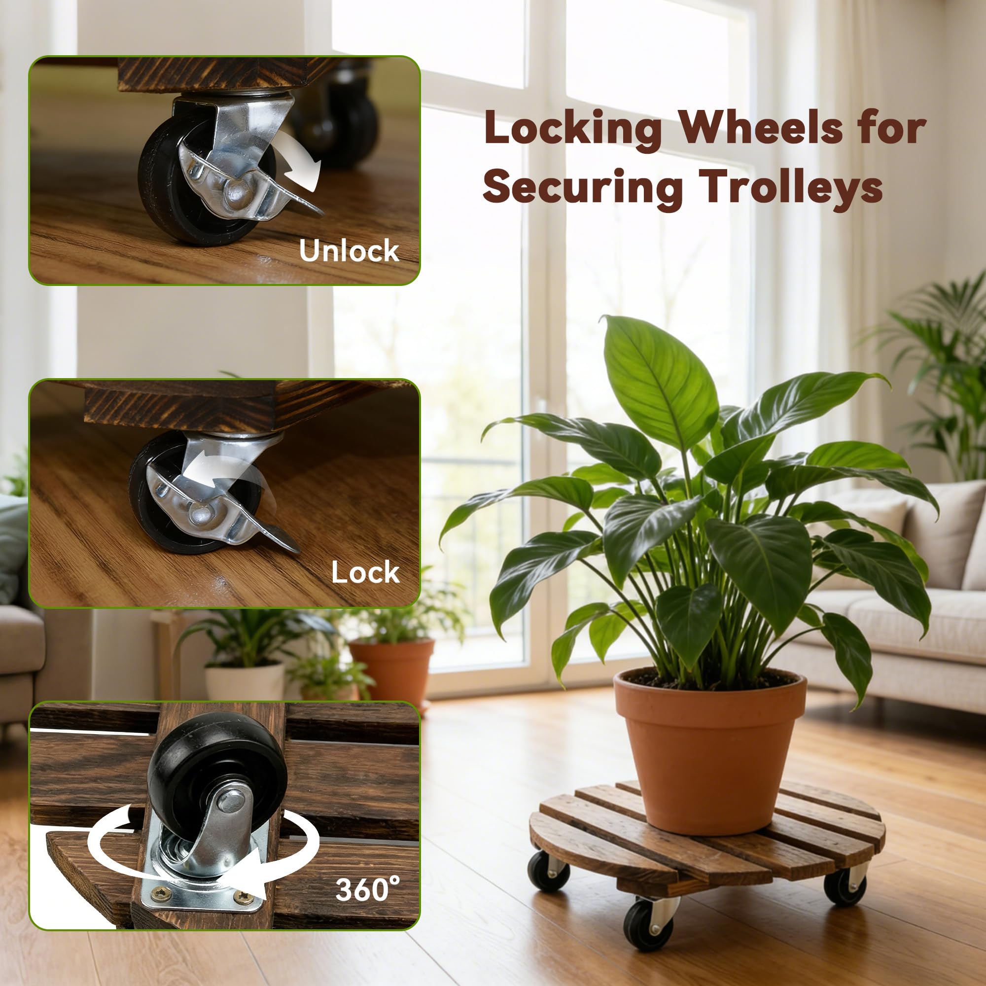 Bois Porte Plante à Roulettes Rondes Chariot Ø 30cm Capacité Charge 120 kg Roues 4 Blocages