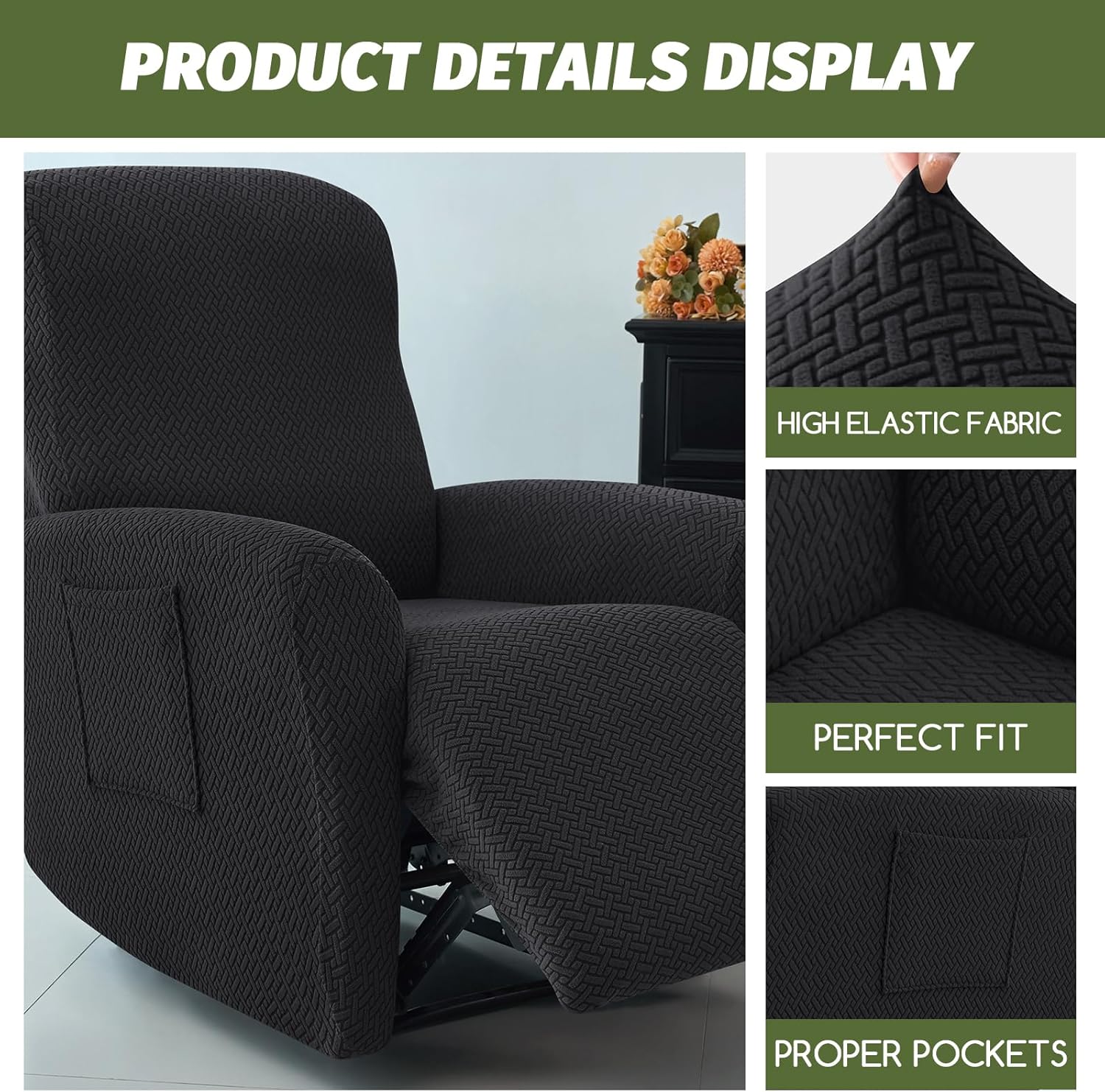 FUANGUI Recliner Chair Covers 4-Pieces Small Recliner Cover for Recliner Chair, Non Slip Covers Washable Lazy Boy Recliner Slipcovers/Furniture Protector for Kids, Dog, Living Room, 01