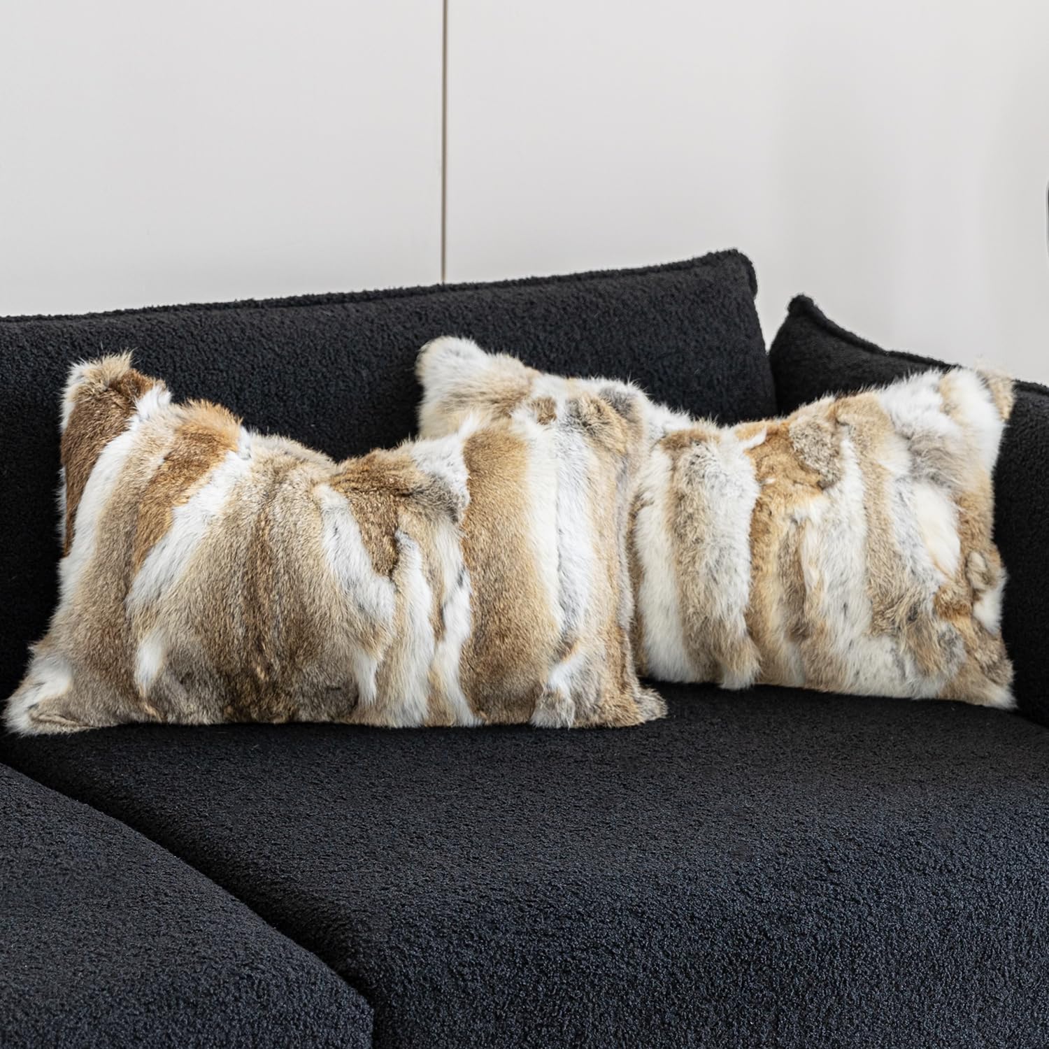 MOOX Rabbit Fur Throw Pillow Covers Decorative Fluffy Soft Fuzzy Plush Luxury Genuine Animal Skin Lumbar Pillow 12"x20" Cushion Cover(Yellow-White, 12x20inch) - Image 7