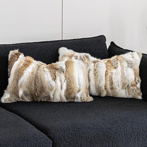 Miniatura 7 de MOOX Fundas de almohada de piel de conejo, decorativas, esponjosas, suaves, mullidas, de lujo, piel de animal auténtico, almohada lumbar de 12 x 20