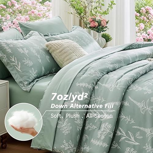 Miniatura 3 de MUXHOMO - Juego de ropa de cama Queen de 7 piezas, diseño reversible verde salvia patrón de flores botánicas, ultrasuave y transpirable con edredón,