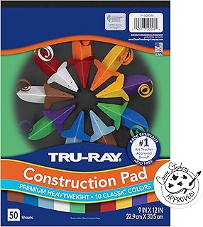 Tru-Ray® Heavyweight Construction Paper Pad, 10 Assorted Colors, 9" x 12", 50 Sheets