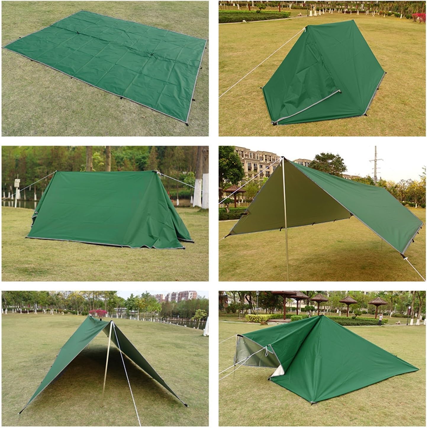 Waterproof Tent Tarp 19 Hang Points Outdoor Camping Tactical Sun Shelter Lightweight Sunshade Awning(with 6rope6peg 2pole,Khaki 3x3m)