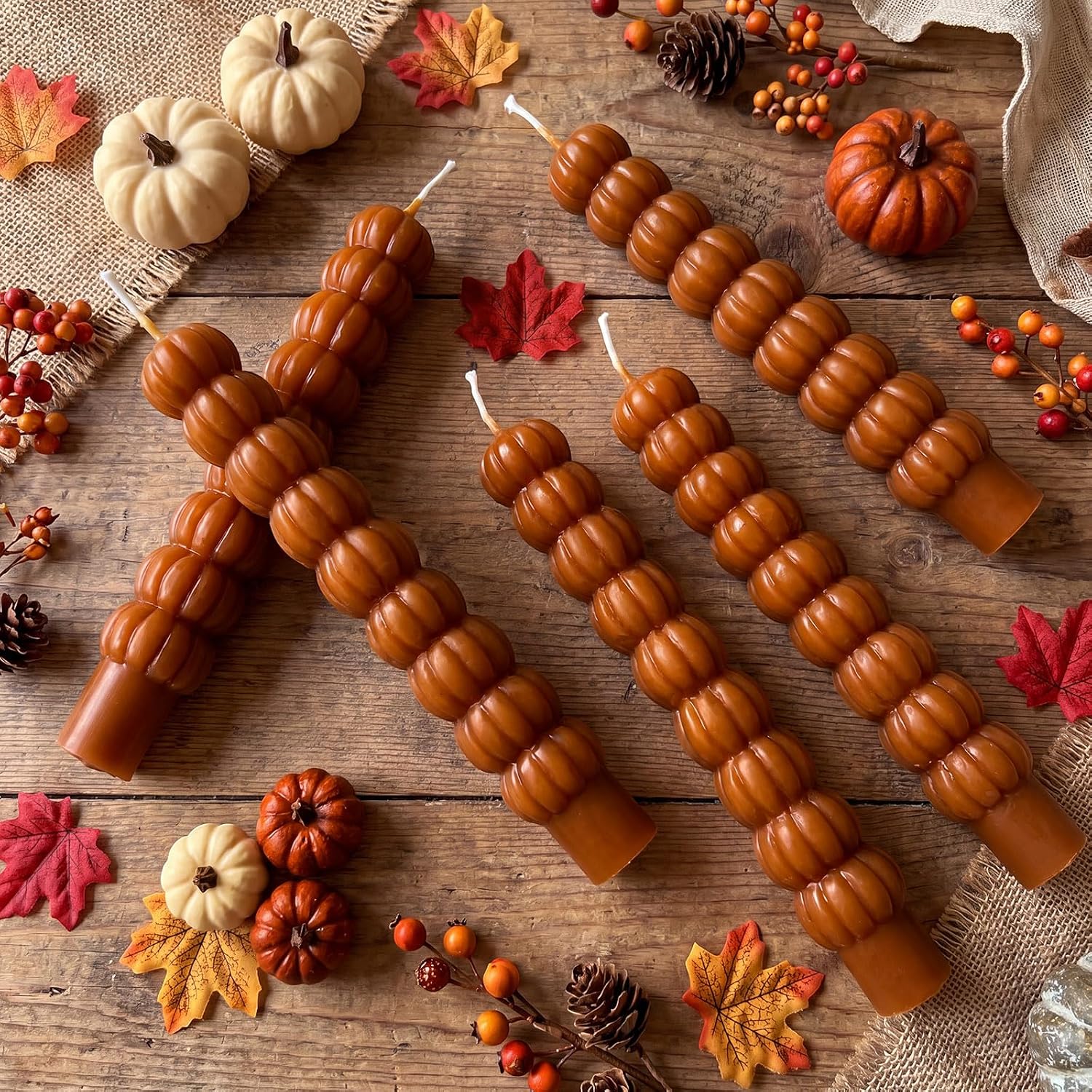 Conelist 5 Pcs Pumpkin Taper Candles Autumn Halloween Pumpkin Shaped Smokeless Tapered Candles Gifts for Halloween Thanksgiving Wedding Home Dinner Party Candlesticks Decor (Warm Brown)