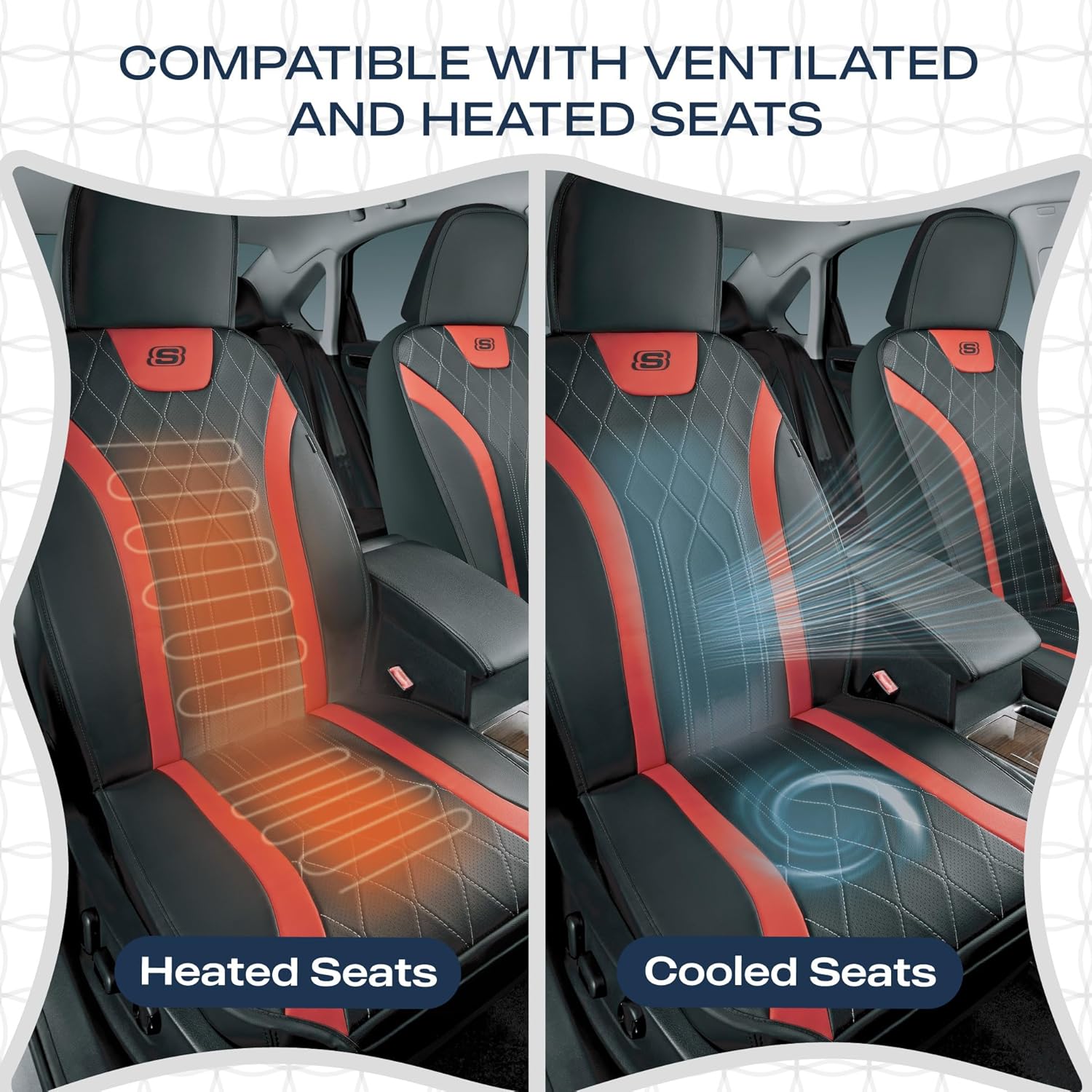 Skechers MAX Cushioning Car Seat Covers,Memory Foam Leather Car Seat Protectors, Airbag Safe Waterproof Sideless Front Seat Covers with Storage Pocket,Universal Fit for Cars Trucks SUV, Red 2PCS