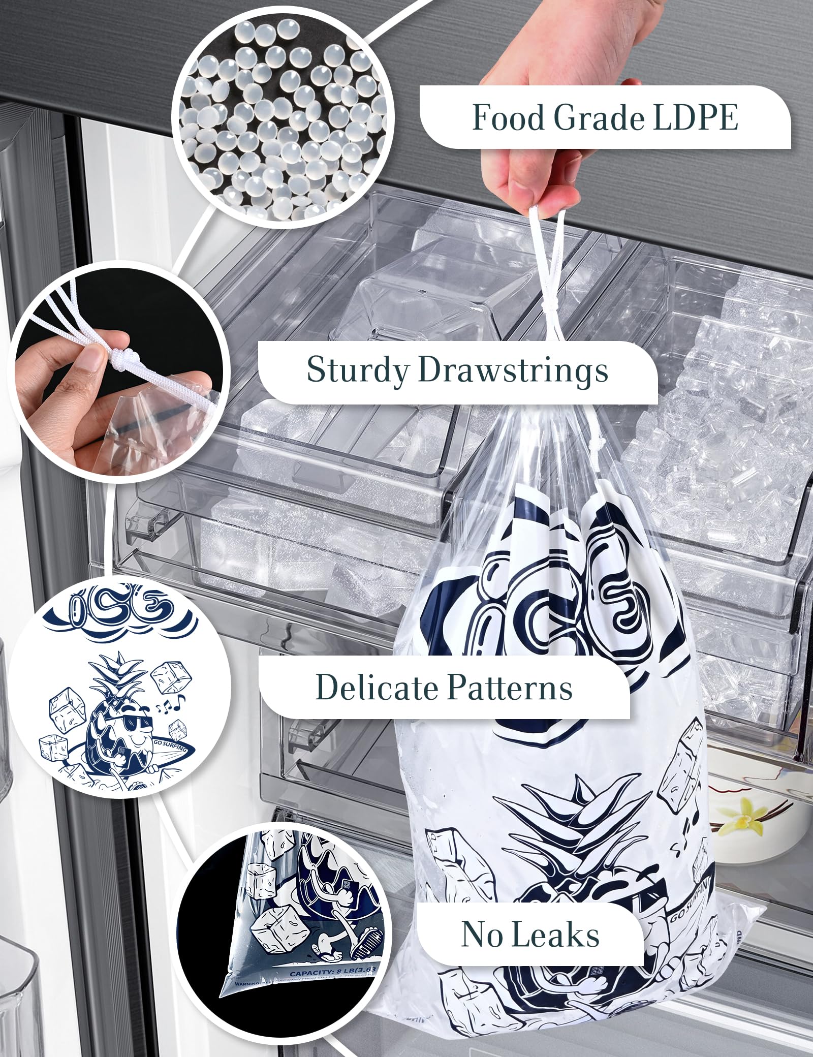 Ice Bags with Drawstring, Heavy-Duty Ice Bags for Ice Machine (05LB, 50)