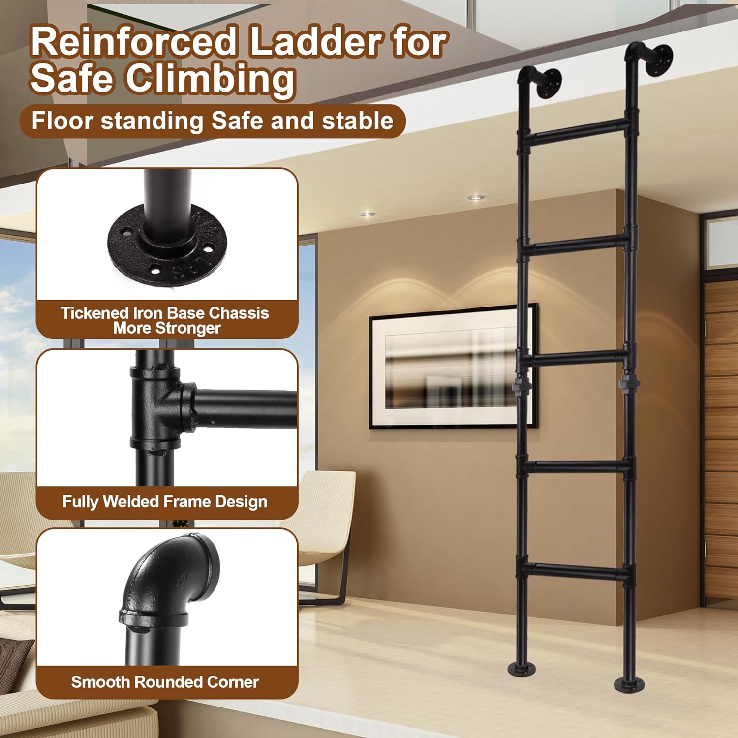 5.6FT/170cm Ladder for Bunk Bed, 5-Step Wall Floor Mounted Metal Loft Step Ladder, 330lbs Heavy-Duty Load Capacity, Indoor Outdoor Use for Home Window Well Egress, Basement, High Entrance Attic