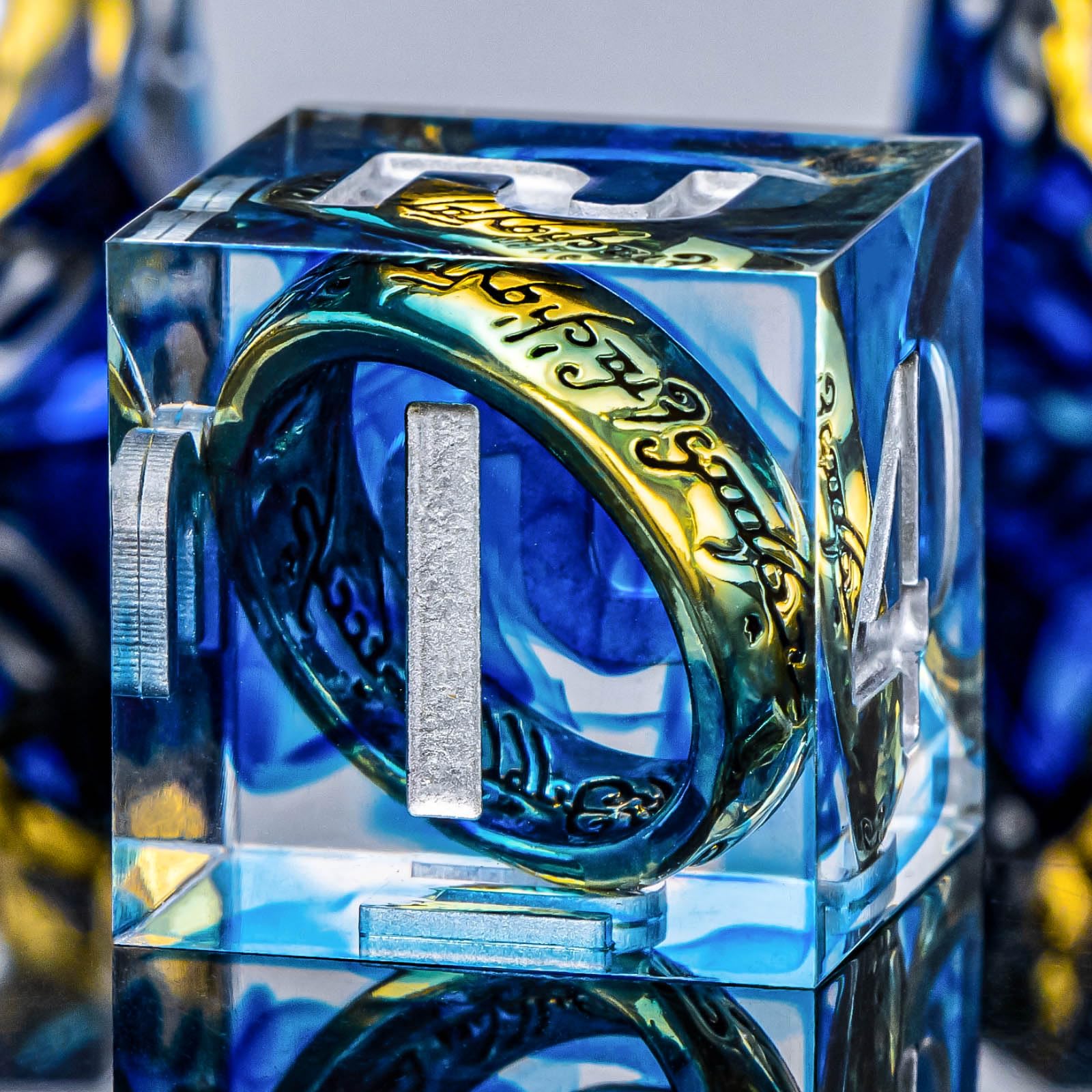 OUKELANWO Magic Lord Rings DND Dice Set with Box, 7Pcs Resin LOTR D&D Dice Set for Role Playing Game, Blue Dungeons Dragons D and D Sharp Edge Dice