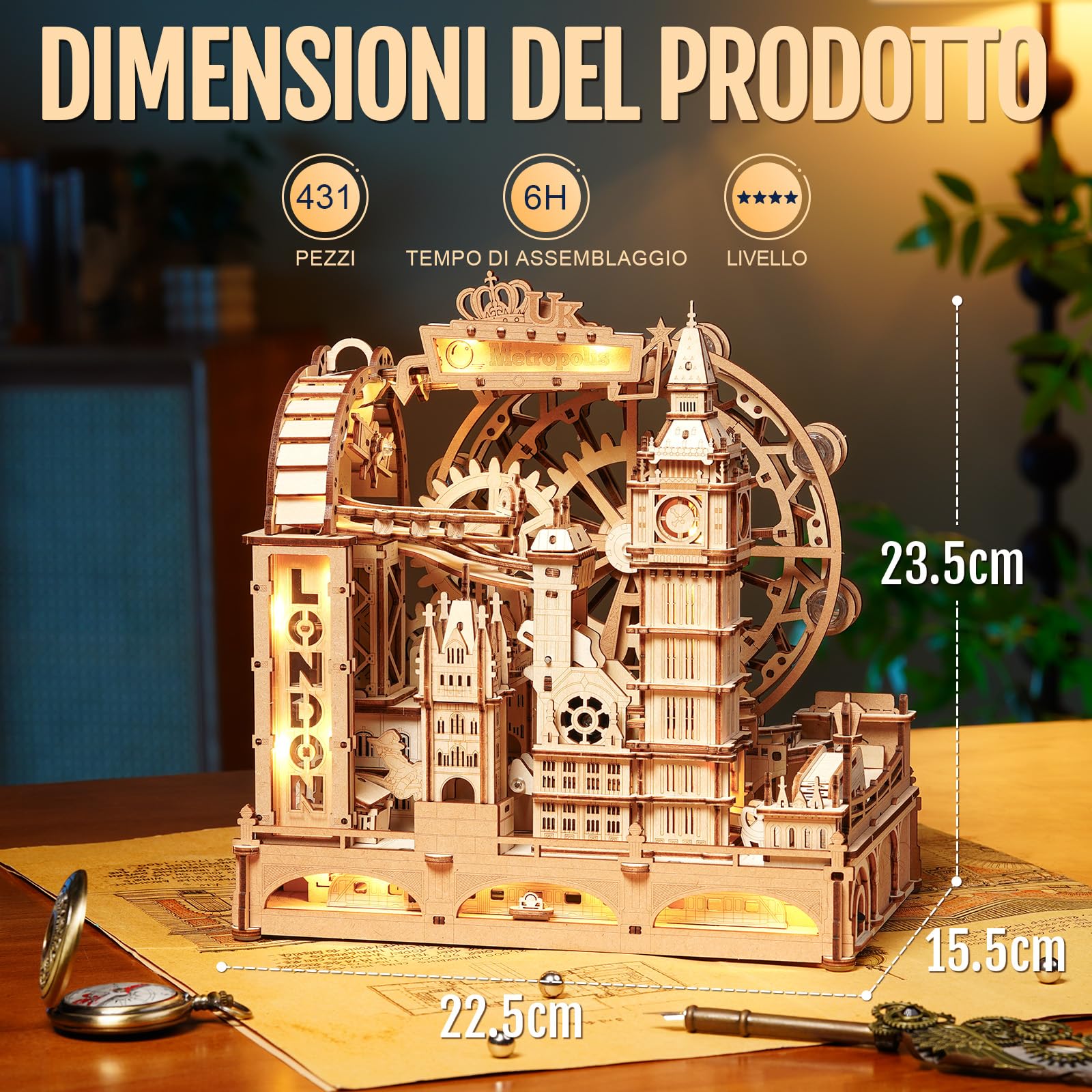 ROKR Marble Travel London EGB01– Puzzle Percorso Biglie 3D in Legno, Kit STEM per Adolescenti & Adulti, Modellino Interattivo dei Monumenti di Londra con Display Luminoso