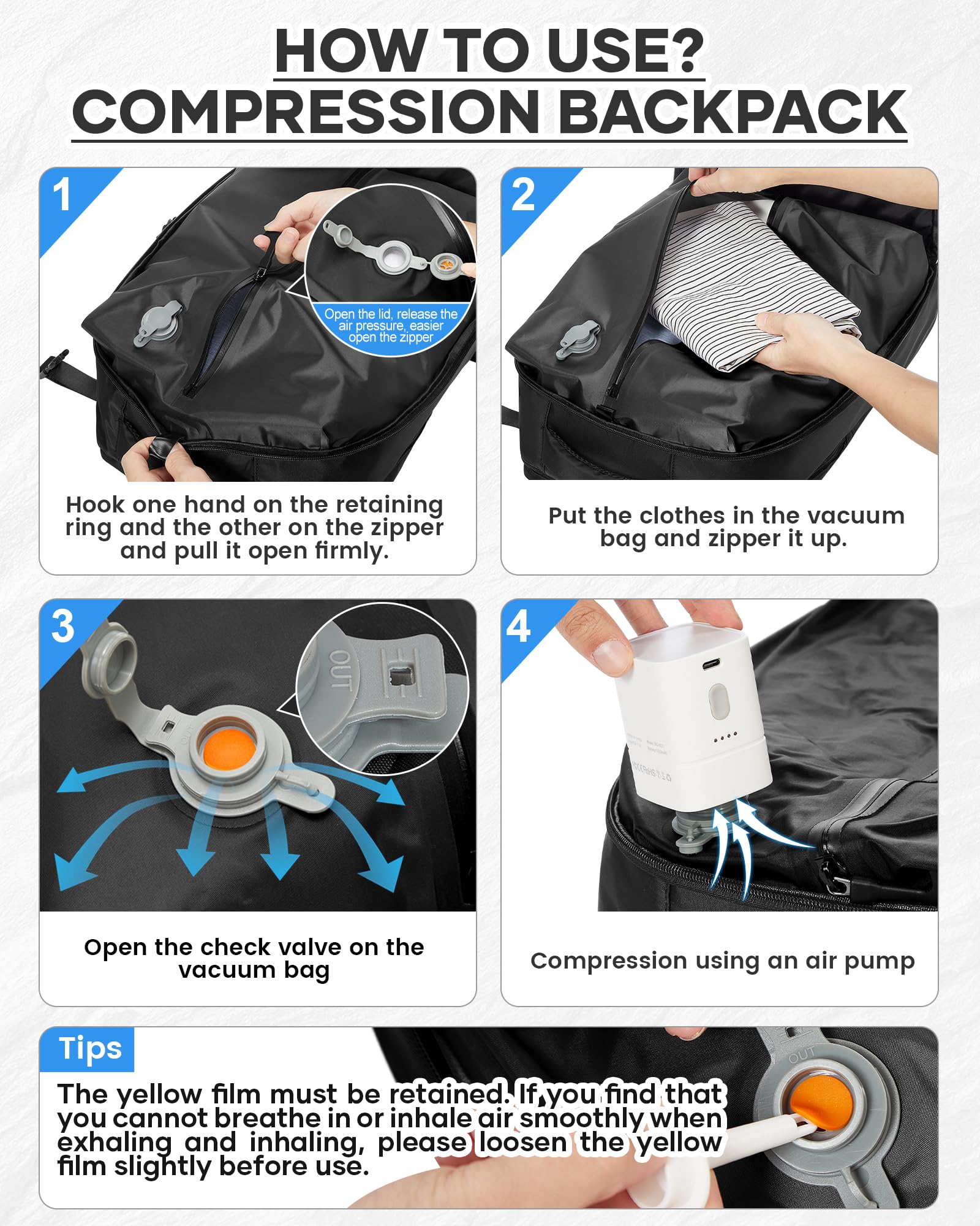 HPLQQ Zaino Sottovuoto da Viaggio con Pompa Borsa da Cabina per Easyjet Aereo Bagaglio a Mano Impermeabile Lavoro e Scuola Trekking Casual Daypack per 14" laptop,F01-Nero