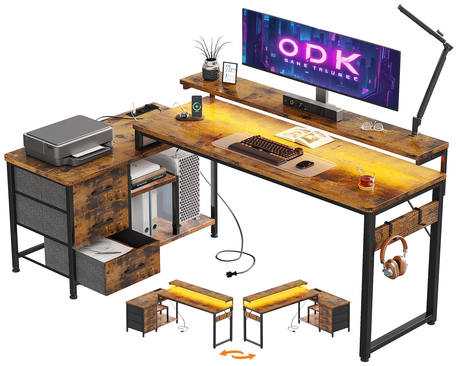 ODK Escritorio Esquinero con Cajones y Estanteria, Mesa Escritorio con Puerto USB y Toma de Corriente, Escritorio de Ordenador para Gaming en L, Mesa Oficina (Marrón, 174x100cm)