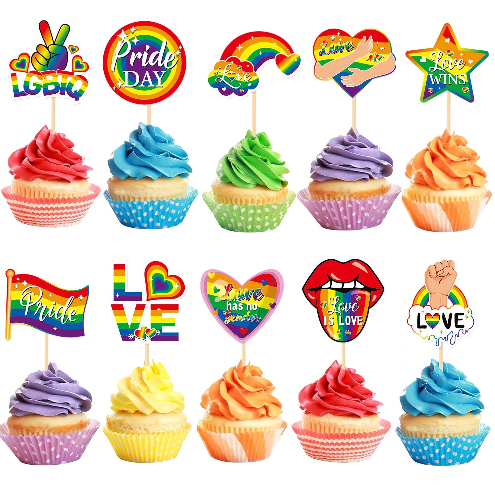 VARACL 30PCS Pride Month Cupcake Toppers, Rainbow Cake Topper for LGBT Pride Party Decoration, Gay Rainbow Party Favors Decor Supplies Cake Decorations