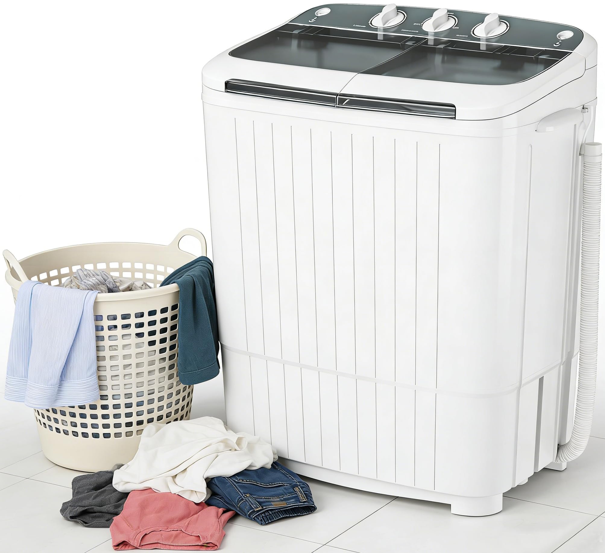 SUNCROWN Portable Washing Machine 16lbs, Compact Twin Tub Semi Automatic Washer, Energy-Saving Mini Laundry Combo with Extended Drain Hose & Pump for Apartments, RV, Dorms, White & Grey