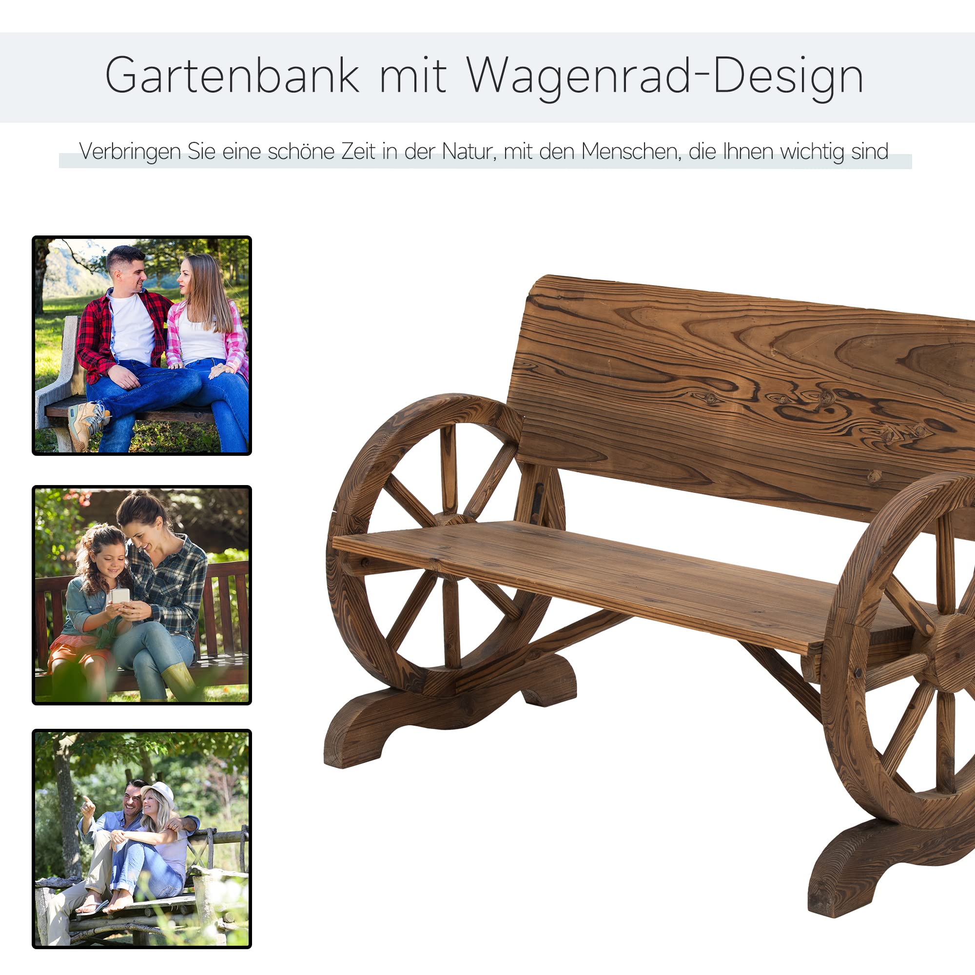 Outsunny 2-Sitzer Gartenbank Massivholz mit Armlehne, Sitzbank mit Wagenräder-Design, Gartenmöbel 250kg belastbar, Rustikale Bank, 114 x 58 x 80 cm, Braun