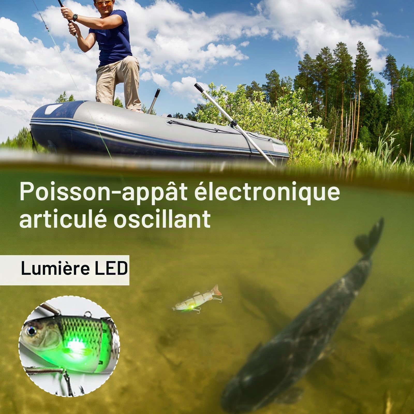 Appât de Pêche Électrique Multi-articulé de 13 cm avec Lumière LED Verte pour Brochet - Appât de Natation Électrique - Rechargeable USB - Blanc - 1 Pièce