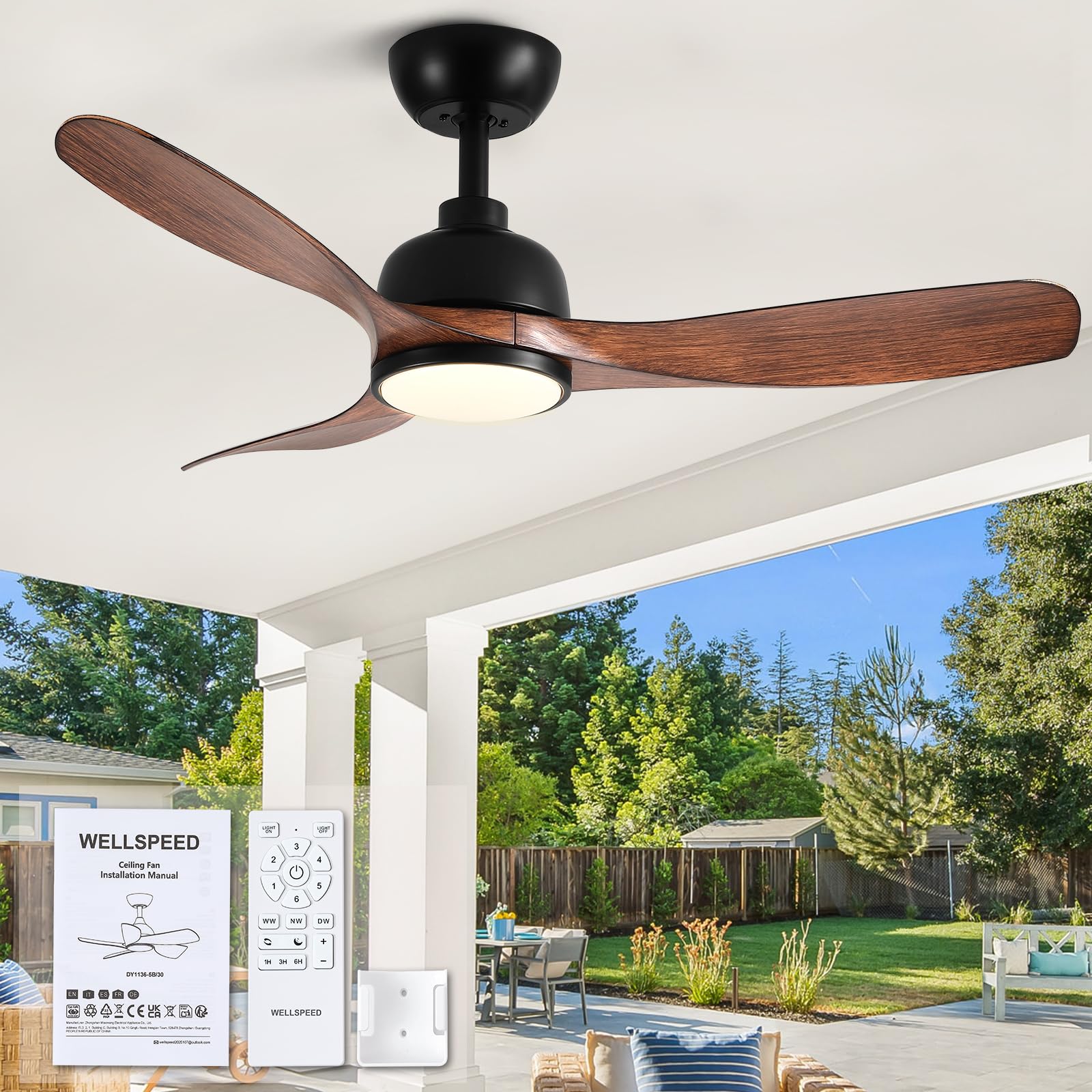 Wellspeed 42 inch Cover Outdoor Ceiling Fans with Lights and Remote, Black and Walnut Ceiling Fan for Bedroom Living Room, Quiet Reversible DC Motor Timer Dimmable LED Light