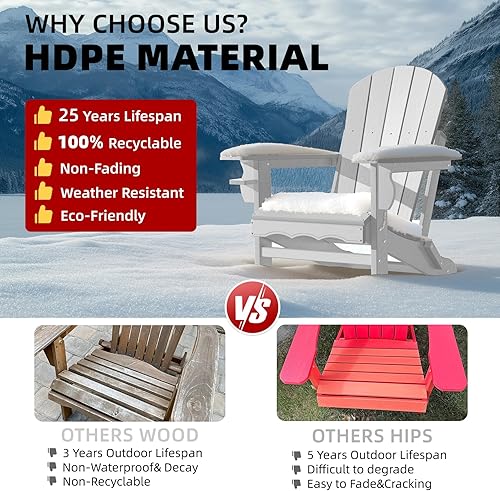 Miniatura 6 de Juego de 2 sillas plegables Adirondack de plástico HDPE con soporte para tazas y agujero para paraguas, sillas de exterior con textura de madera