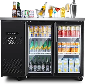 BODEGACOOLER Commercial Back Bar Cooler with 2 Glass Doors, 12 Cu. Ft Stainless Steel Counter Height Bar Refrigerator, Display Drink Beverage Beer Fridge, LED Lighting, SUS304 Top, 4 Casters