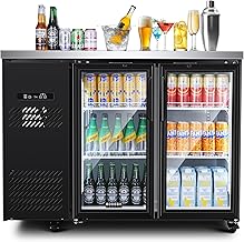 BODEGACOOLER Commercial Back Bar Cooler with 2 Glass Doors,12 Cu.Ft Stainless Steel Commercial Counter Height Bar Refrigerator,Display Drink Beverage Beer Fridge LED Lighting,SUS304 Top,4 Casters