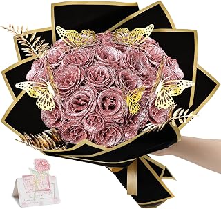 Pink Glitter Roses Bouquet, DIY Artificial Flower Bouquet Kit with Fake Rose Butterfly Stems Cards for Gifts Anniversary Birthday Wedding Engagement, 24 Roses, Dusty Pink