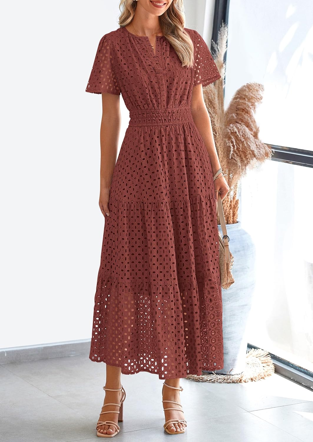 PRETTYGARDEN Womens 2026 Summer Maxi Dress Short Sleeve V Neck Hollow Out Eyelet A Line Long Flowy Beach Vacation Dresses - Image 4