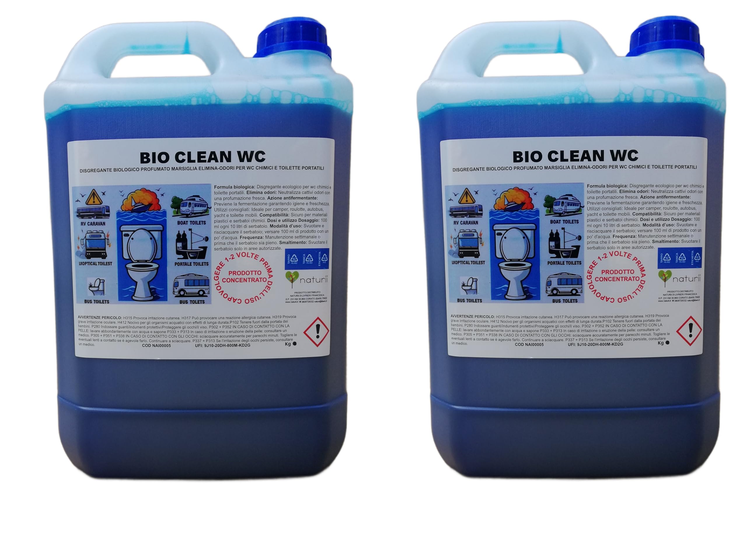 Bio Clean WC liquido sanitario per wc chimico camper disgregante 10 lt (2 x 5 lt) per Toilette Portatili Elimina Odori e Previene Fermentazione