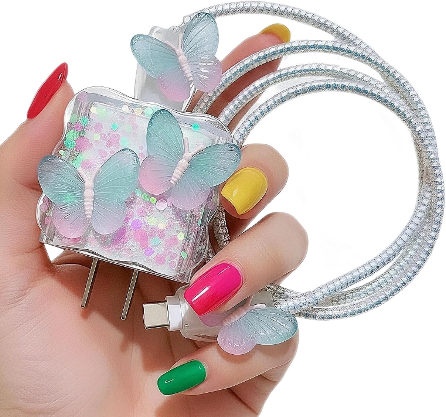 Cute Cable Protector for iPhone 18W/20W Charger Cover,3D Colorful Butterfly Design Data Line Cable USB Wire Saver Charger Protector for Women Girl,Soft Charging Cord Protector for 14 15 1617 Pro Max