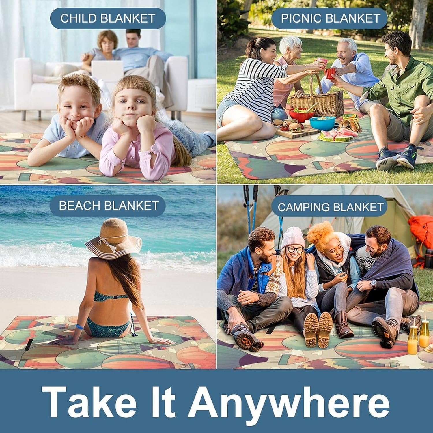 Colorful Hot Air Balloon Foldable Waterproof Outdoor Picnic Mat for Beach, Camping & Park - Outdoor Rugs with Sponge Padding