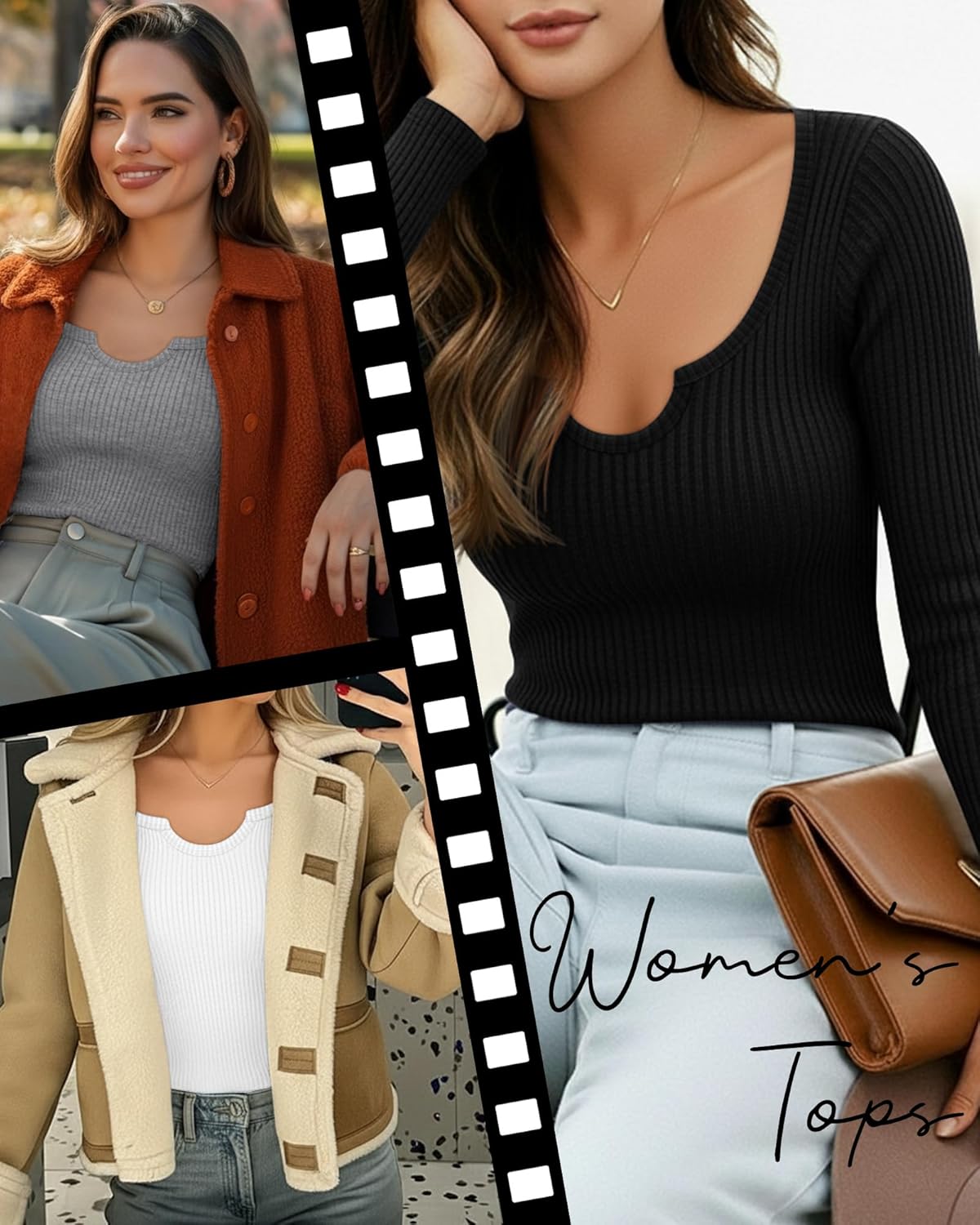 3 Pack Women's Long Sleeve T Shirts, Ribbed Cotton Slim Fitted Tops Scoop Neck Shirts Basic Casual Fall Tees - Image 3