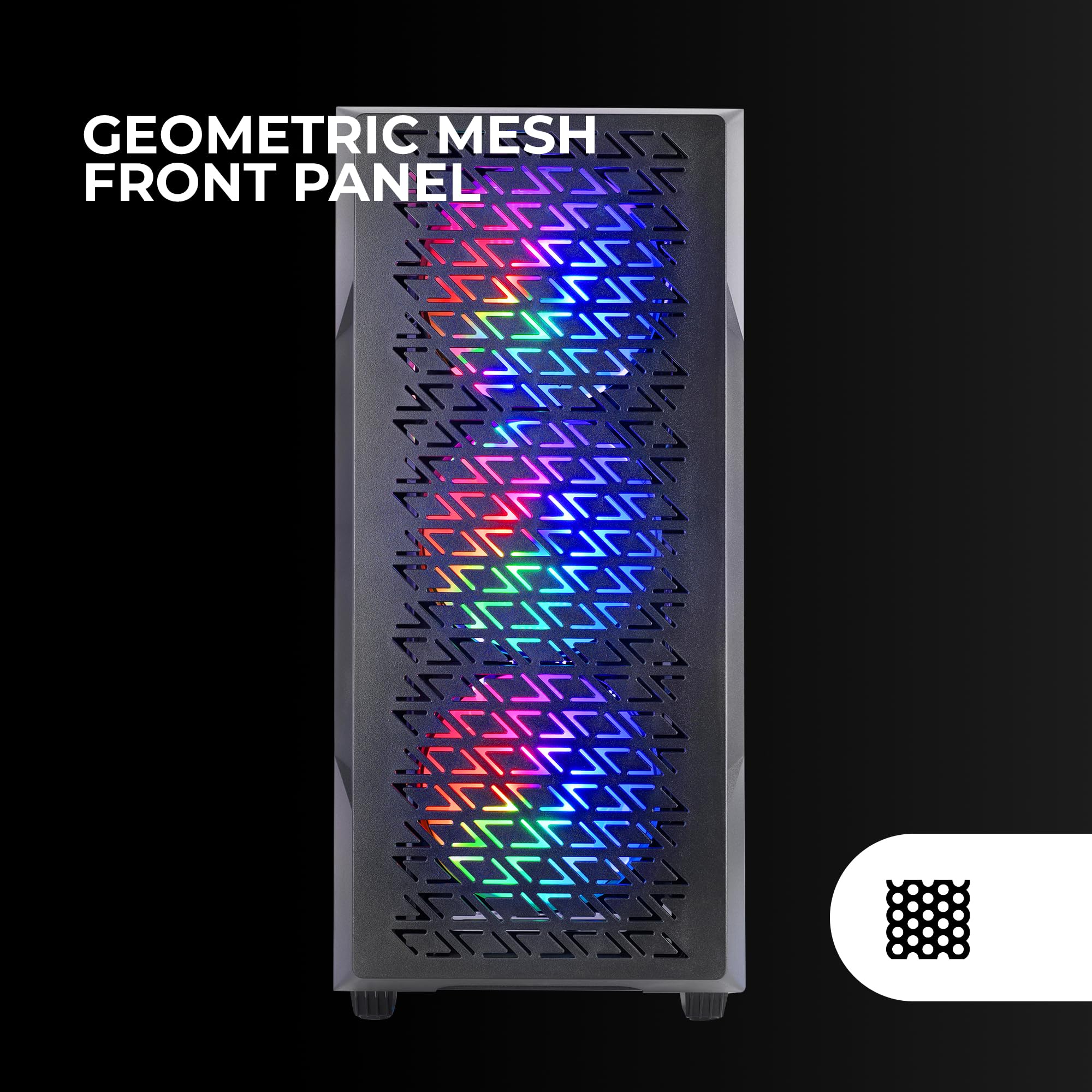 MARSGAMING MC-GEO, Case Gaming ATX, 4x Ventole FRGB Rainbow 12cm, Pannello Frontale Mesh Geometrico, Finestra Laterale Vetro Temperato, Semitorre Doppia Camera, Supporto Raffreddamento Liquido, Nero