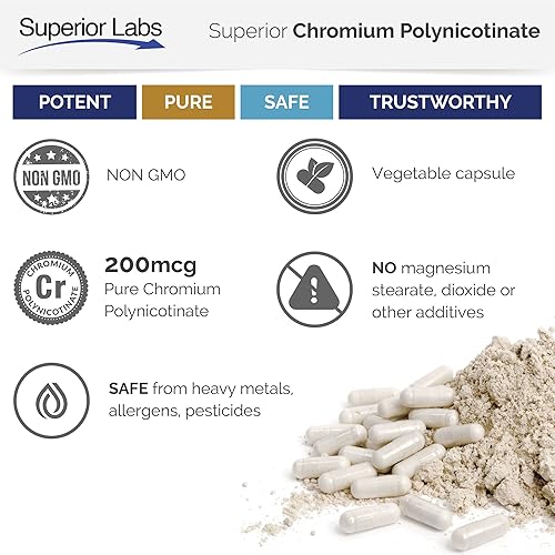 Miniatura 6 de Superior Labs Policotinato de cromo de 200 mcg con vitamina B3, sin OMG, suplemento unido a niacina de alta absorción, apoya niveles saludables de