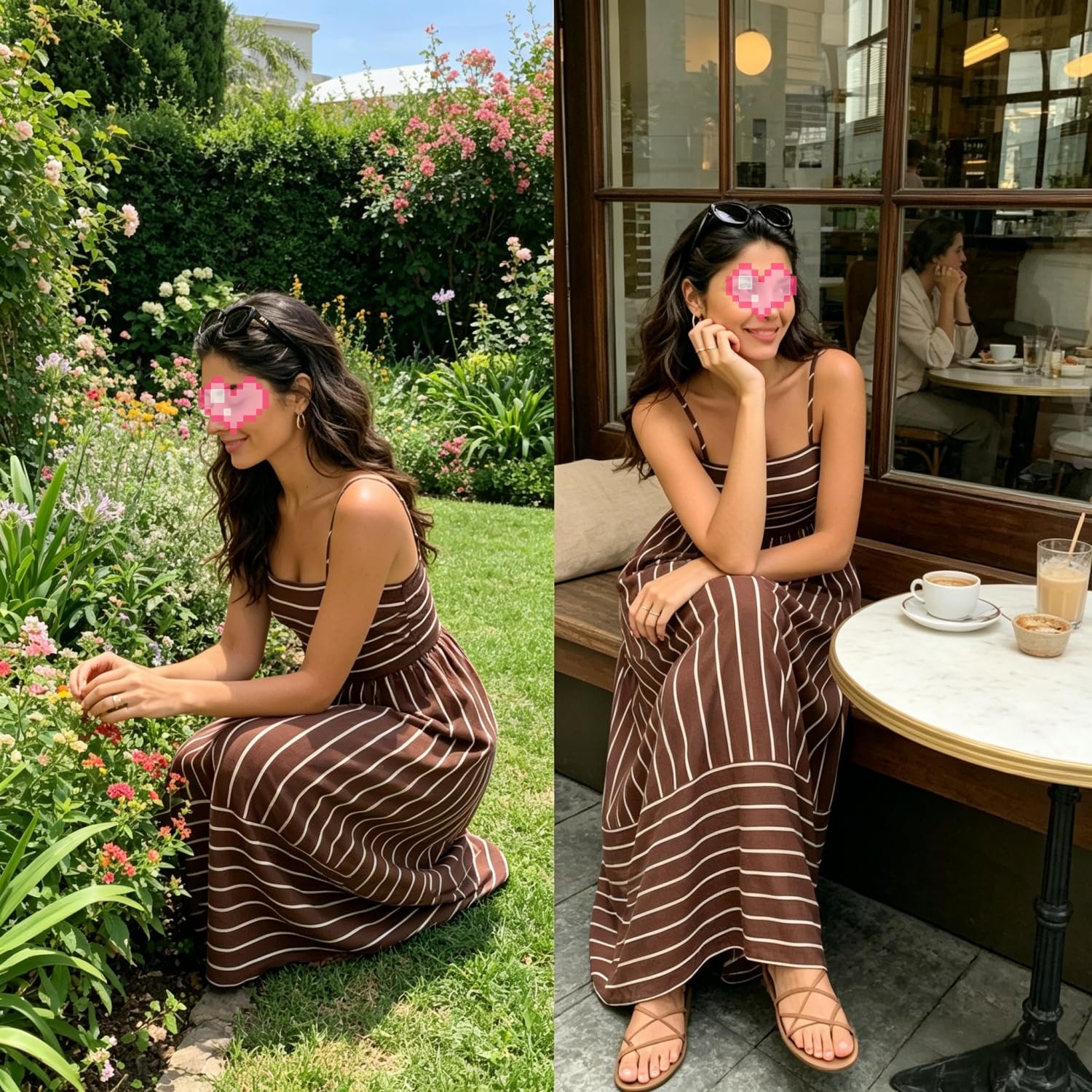 Generico Maxi Abito a Righe con Spalline Sottili da Donna; Elegante Abito Lungo a Vita Alta, con Scollo Quadrato e Spalline Sottili, Ideale per Le Vacanze