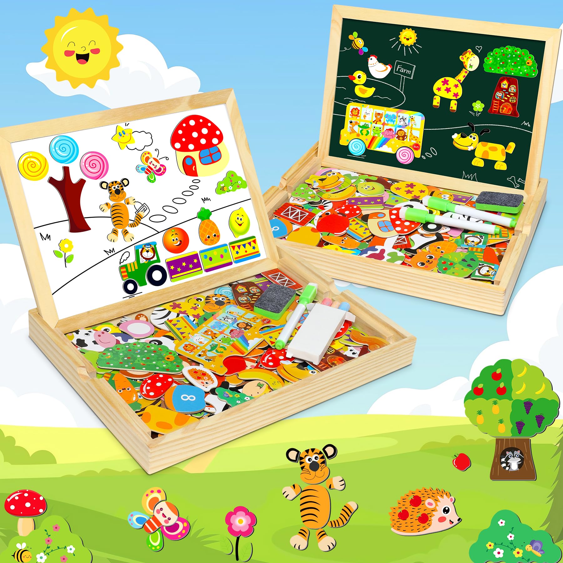 Jojoin 130 Pezzi Puzzle in Legno Magnetico - 2025 Nuovo Giocattolo Montessori con Doppio Lato Magnetico | Modello di Frutta Animali Carini - Giocattolo Educativo Bambino 3 Anni Di Più