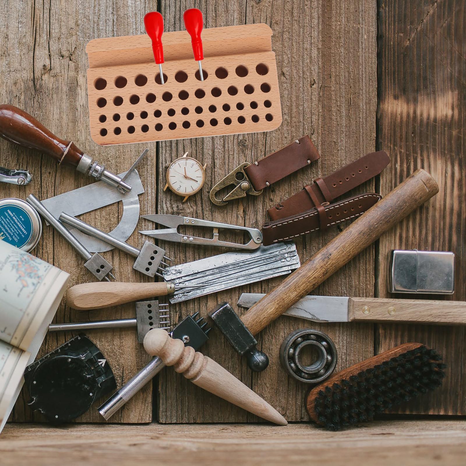 DECHOUS Caja Organizadora para Herramientas de Cuero Diseño de Múltiples Agujeros de Madera Khaki, Soporte para Perforadoras Adecuado para Manualidades DIY y Fácil Mantenimiento