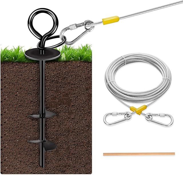 Dog Tie Out Stake and Cable - 30 Ft Pet Tie Out Cable for Dogs Up to 125 Pounds - Heavy Duty Anchor That fits Any Dog - No Rusting, Bending or Pulling Out - Great for Outside Yard Beach Lawn
