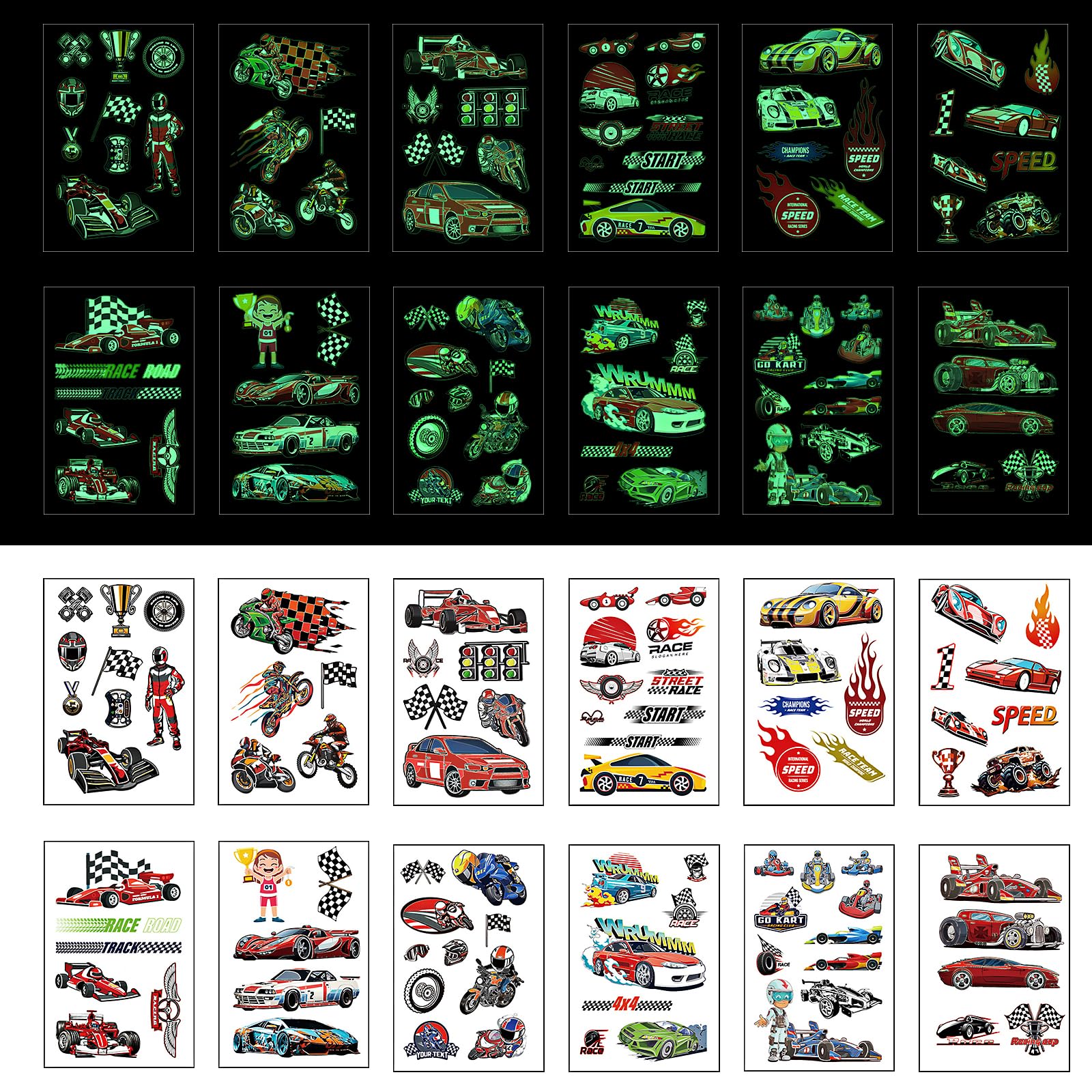 Racing Car Temporary Tattoos,12 Sheets Luminous Car Theme Fake Tattoo Stickers Waterproof Glow In The Dark Race Car Tattoos for Boys Girls Kids Party Supplies - Image 3