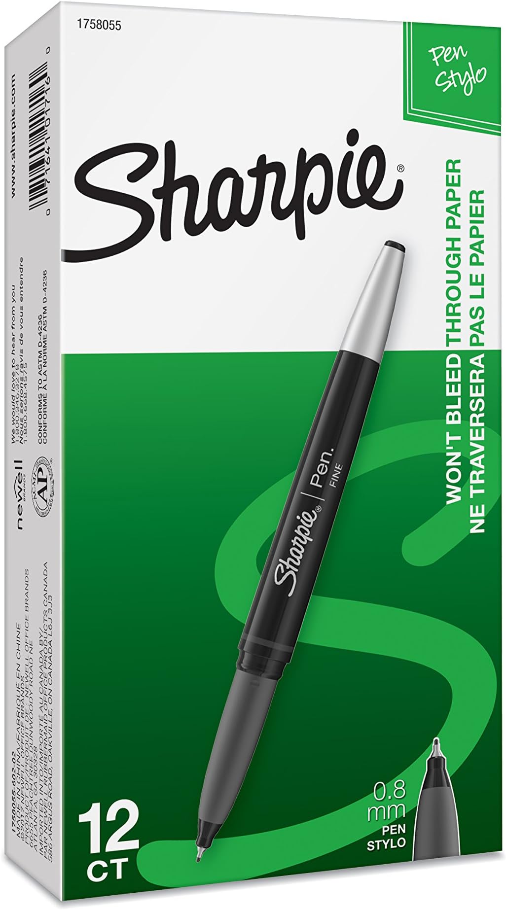 SHARPIE 1758055 Grip Pen, Fine Tip, Acid-Free and Archival-Quality, Fade Resistan, AP Certified, Black Color, Pack of 12