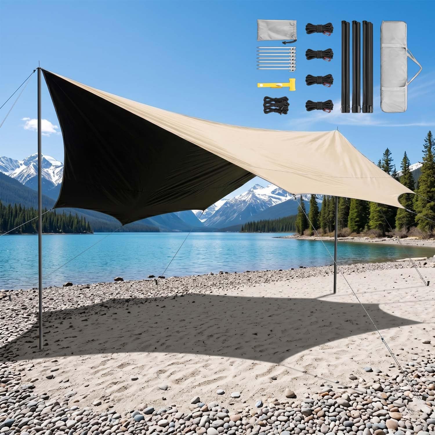 Auvent Tente De Plage, Tarp Bivouac Imperméable, 4.4x4.5m Bâche Protection Soleil, Anti UV 99%, Toile Ombrage Exterieur pour Camping Hamac Jardin Randonnee Ultralight(Green,4.4x5.6m)