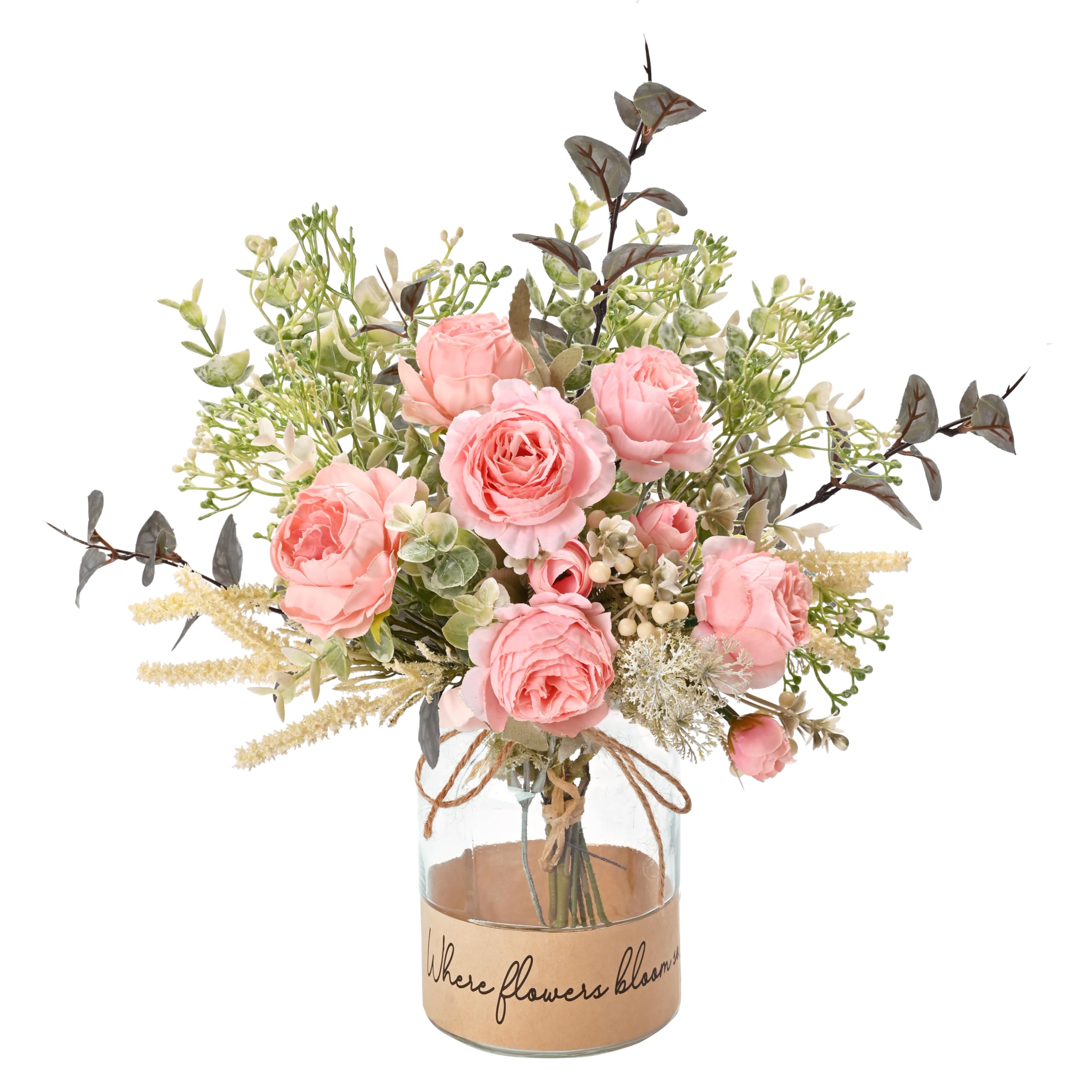 LUEUR Artificial Flowers with Vase, Artificial Silk Roses in Vase, Fake Plant Eucalyptus Flower Arrangement Spring Decor for Home Office Dining Table Centerpiece Decor