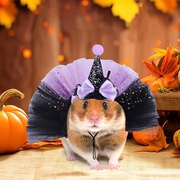 2pcs Bearded Dragon Witch Costume Set Small Pet Adjustable Hat Bow Tutu Skirt Outfits for Lizards Guinea Pigs Bunny Ferrets for Celebrations Halloween Parties (Glitter Purple)