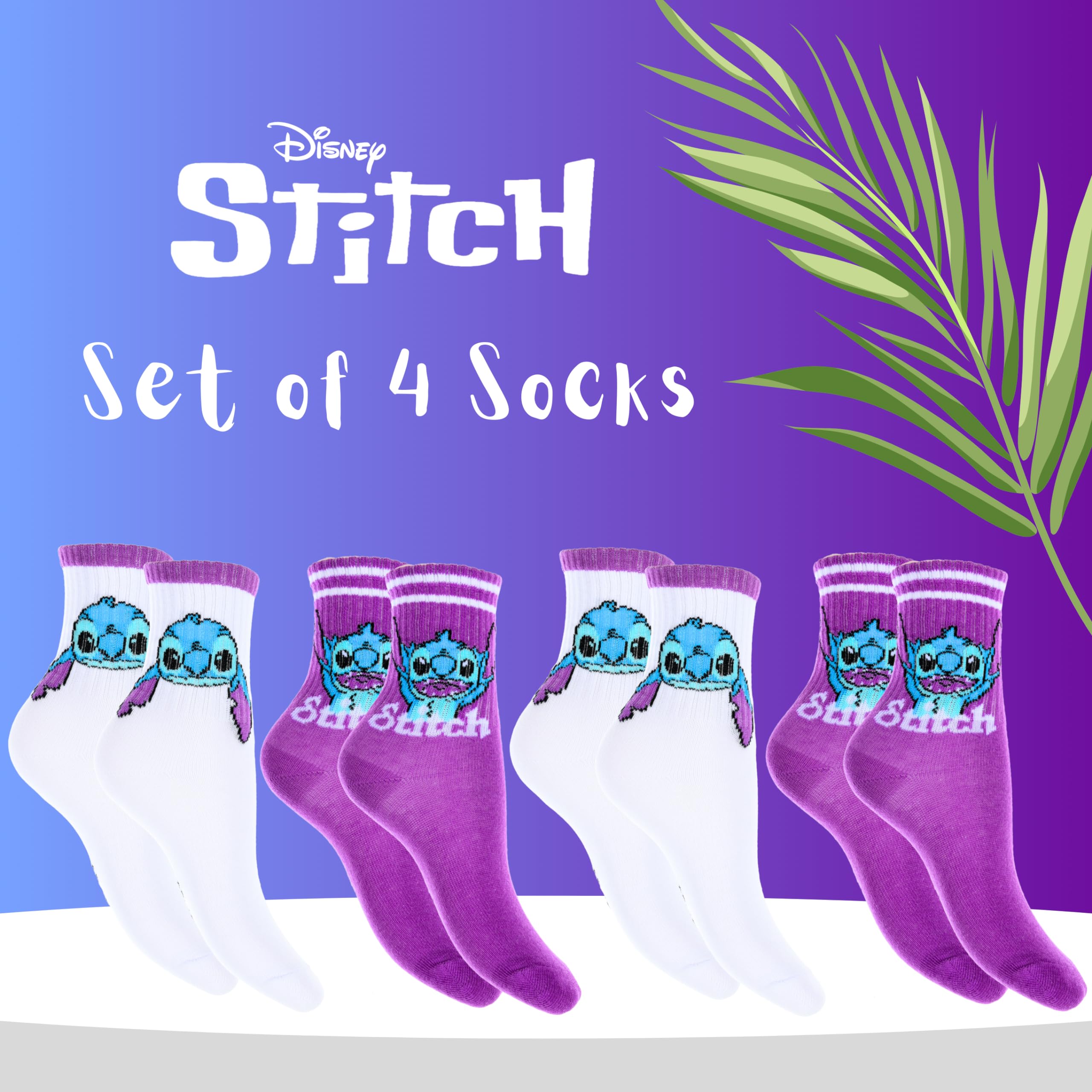 Disney Stitch Chaussettes Filles, Soquettes Stitch, Lot de 4 Chaussettes Universitaires, Cadeau Filles et Adolescentes, Tailles EU 27 à 37