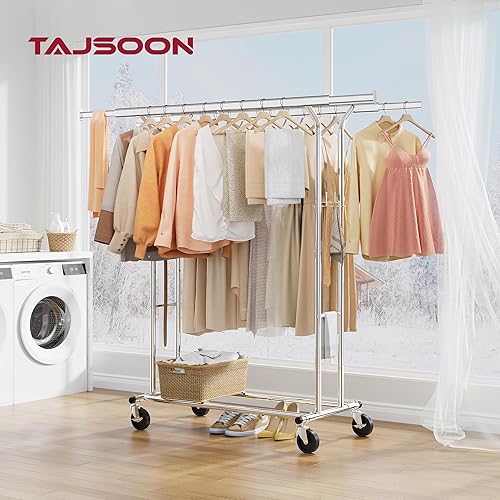 Miniatura 6 de Tajsoon Perchero de doble barra de 480 libras, perchero resistente con ruedas, perchero plegable para colgar ropa, estante comercial con estante,